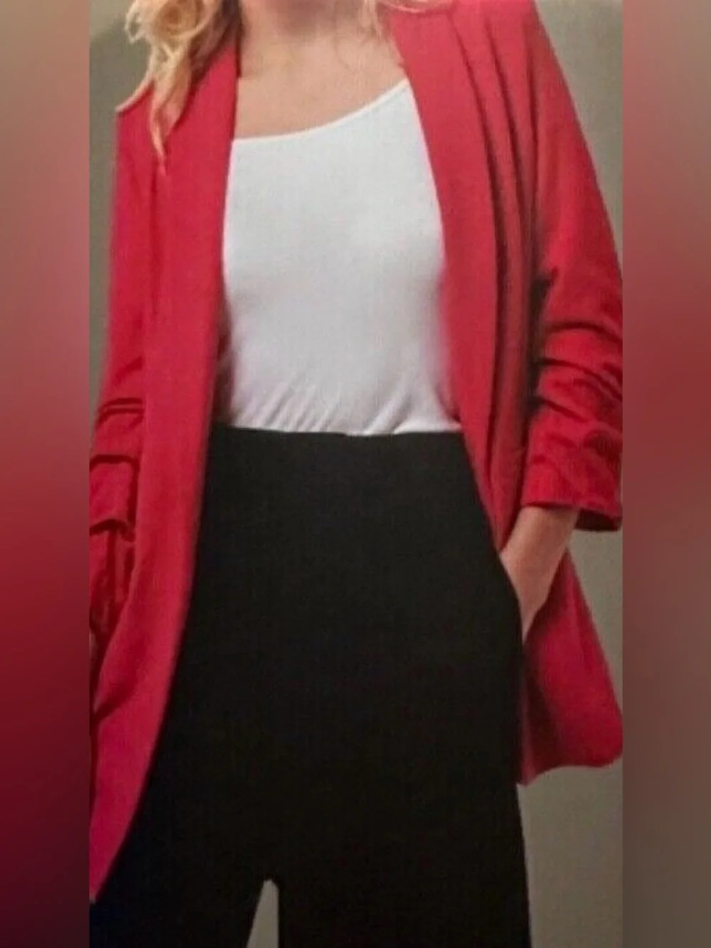 NWT [Dakota Blue] Crepe Open-Front Ruched 3/4 Sleeve Blazer Hot Pink Women’s S - Picture 2 of 6
